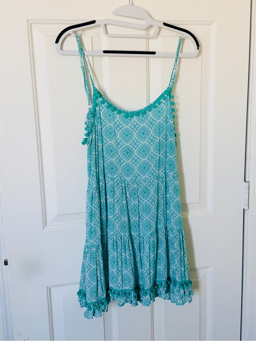 Teal Printed Pom-Pom Tiered Mini Dress